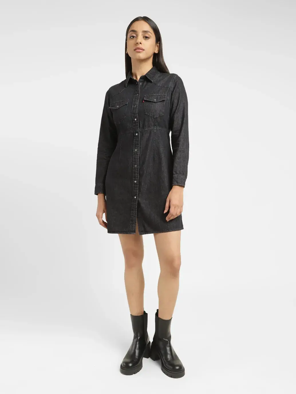 Women's Solid Black Spread Collar Dress 1