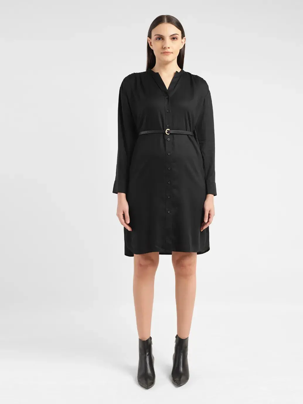 Women's Solid Black Band Neck Dress 1