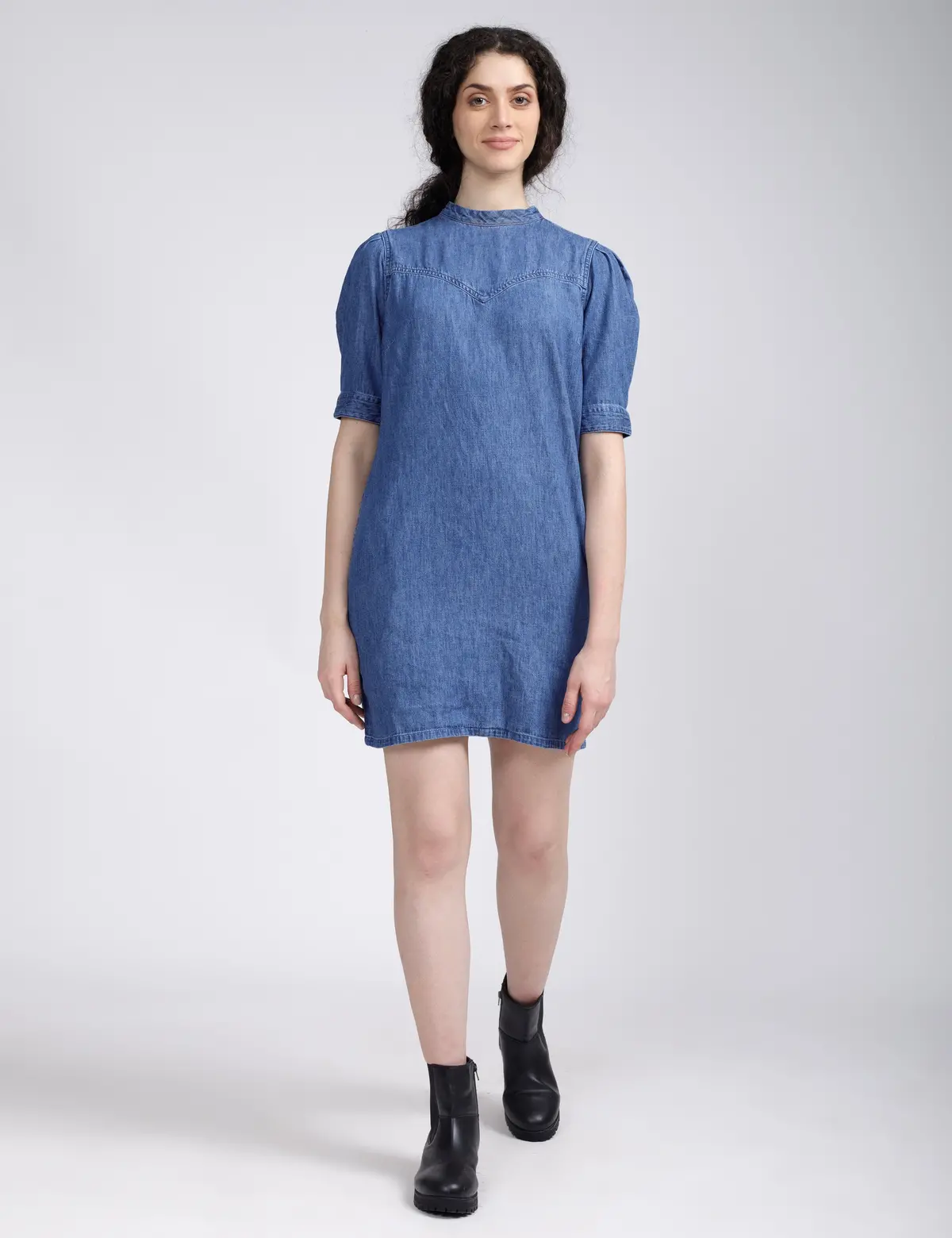 Women's Solid Blue Collar Neck Denim Dress 2