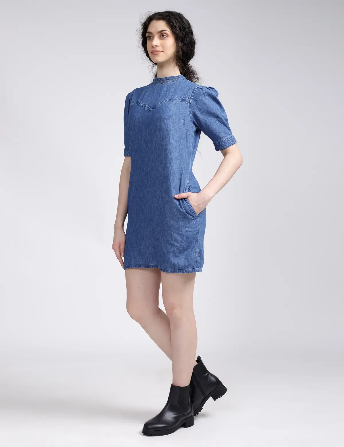 Women's Solid Blue Collar Neck Denim Dress 3