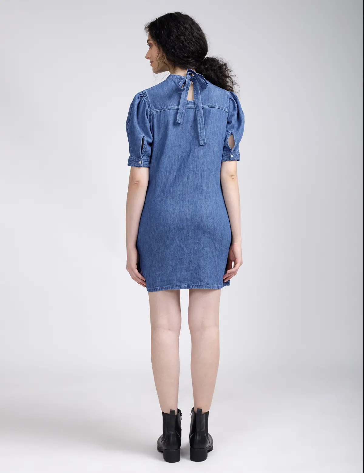 Women's Solid Blue Collar Neck Denim Dress 4
