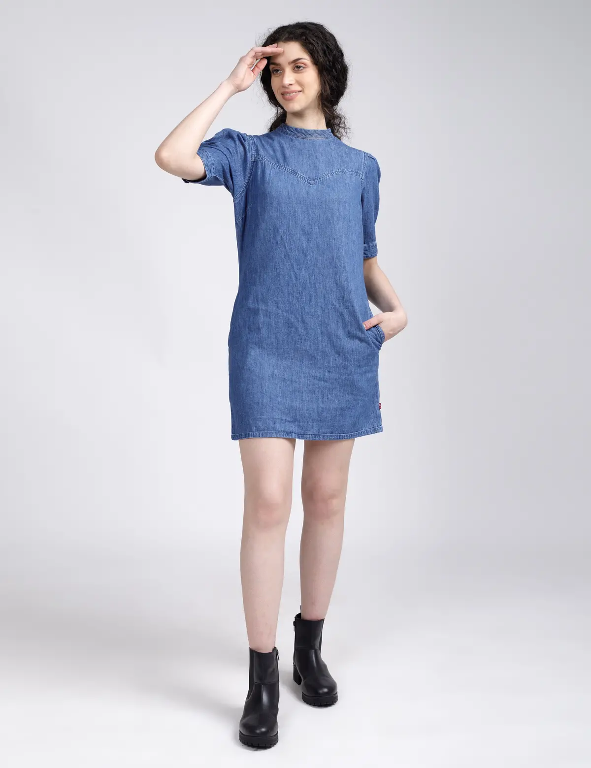 Women's Solid Blue Collar Neck Denim Dress 1