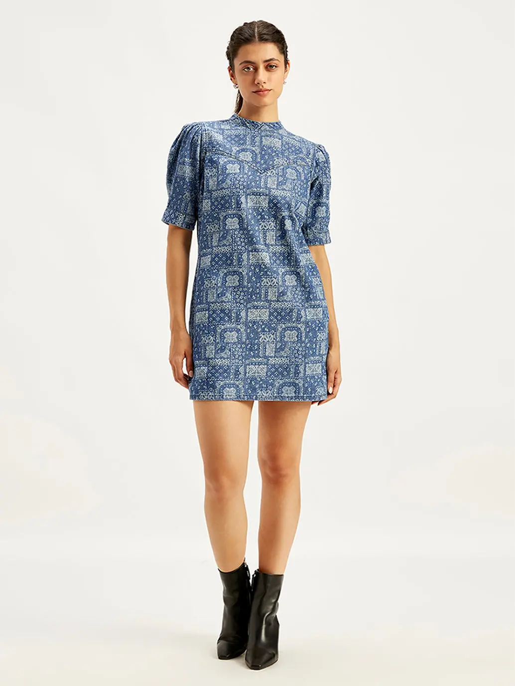 Women's Paisley Blue Band Neck Mini Denim Dress 1