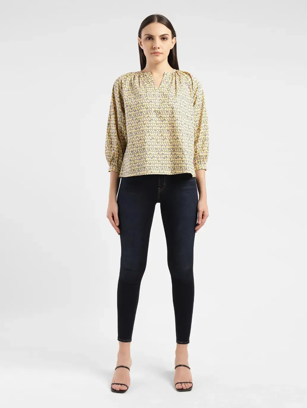 Women's Geometric Yellow Mandarin Neck Top 1