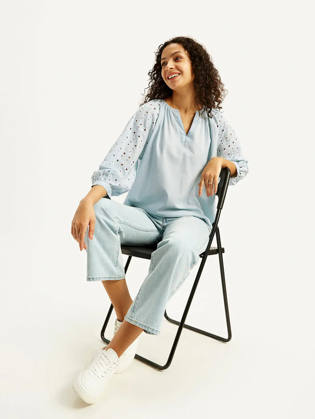 Women's Solid Light-Blue Peasant Top 1