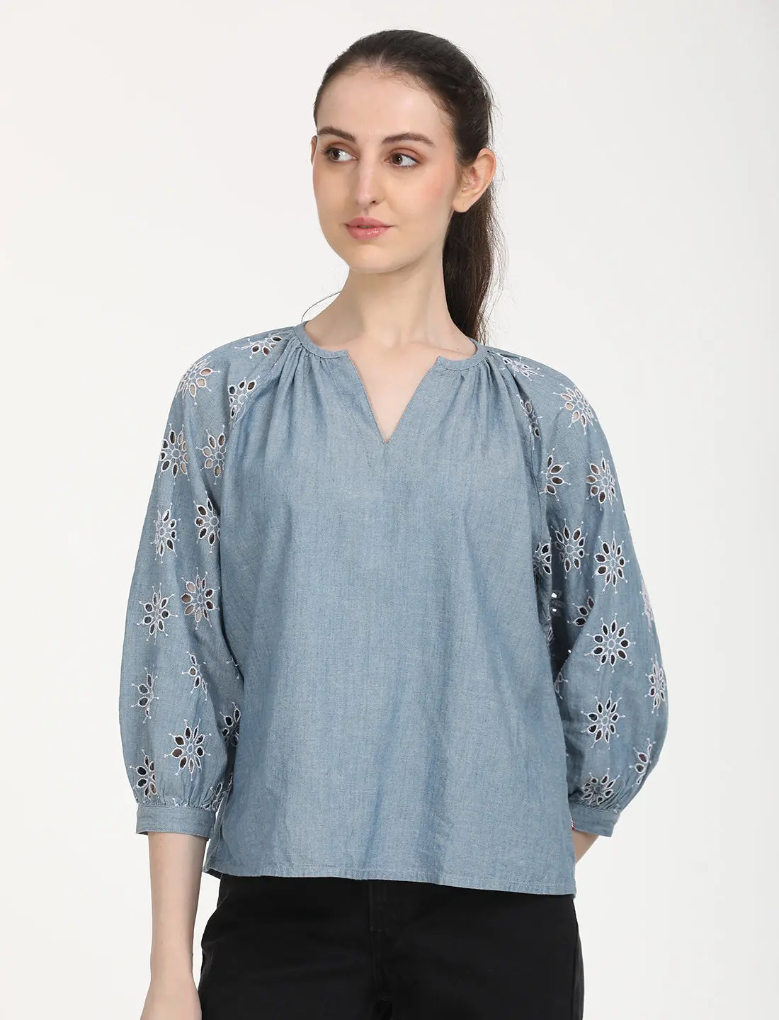 Women's Floral Print Blue Peasant Top 1