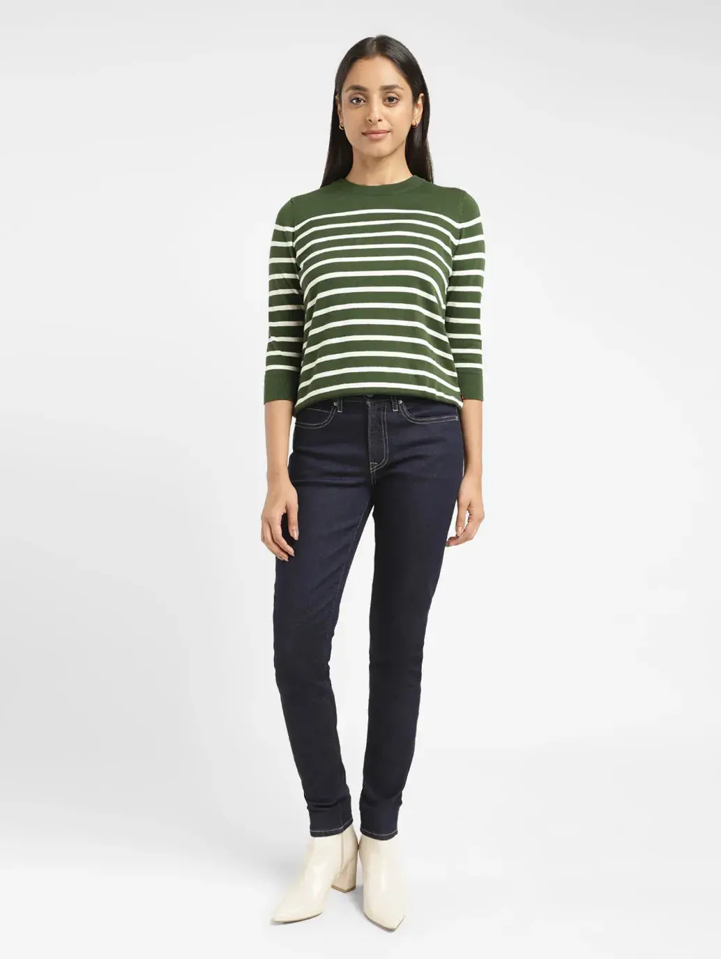 Women's Striped Green Crew Neck Sweater 1