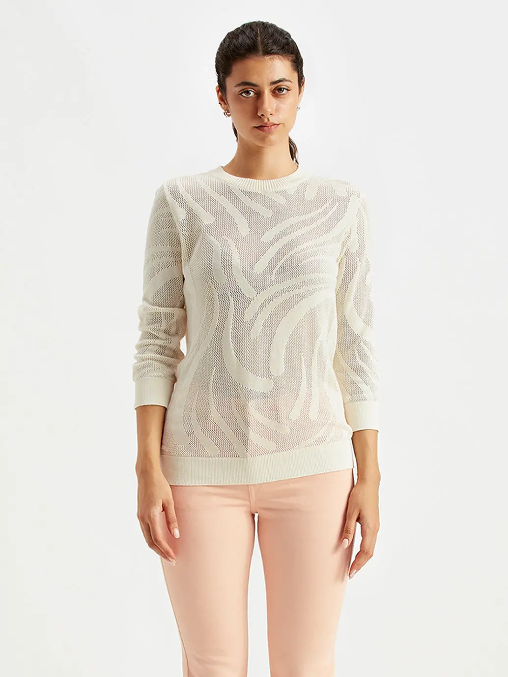 Women's Self Design Off-White Crew Neck Sweater 1