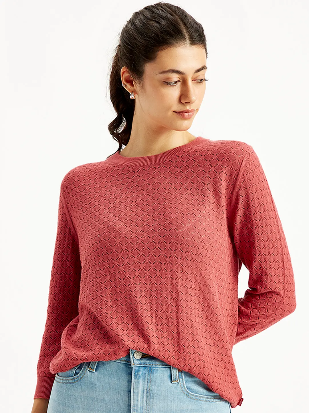 Women's Self Design Red Crew Neck Sweater 1