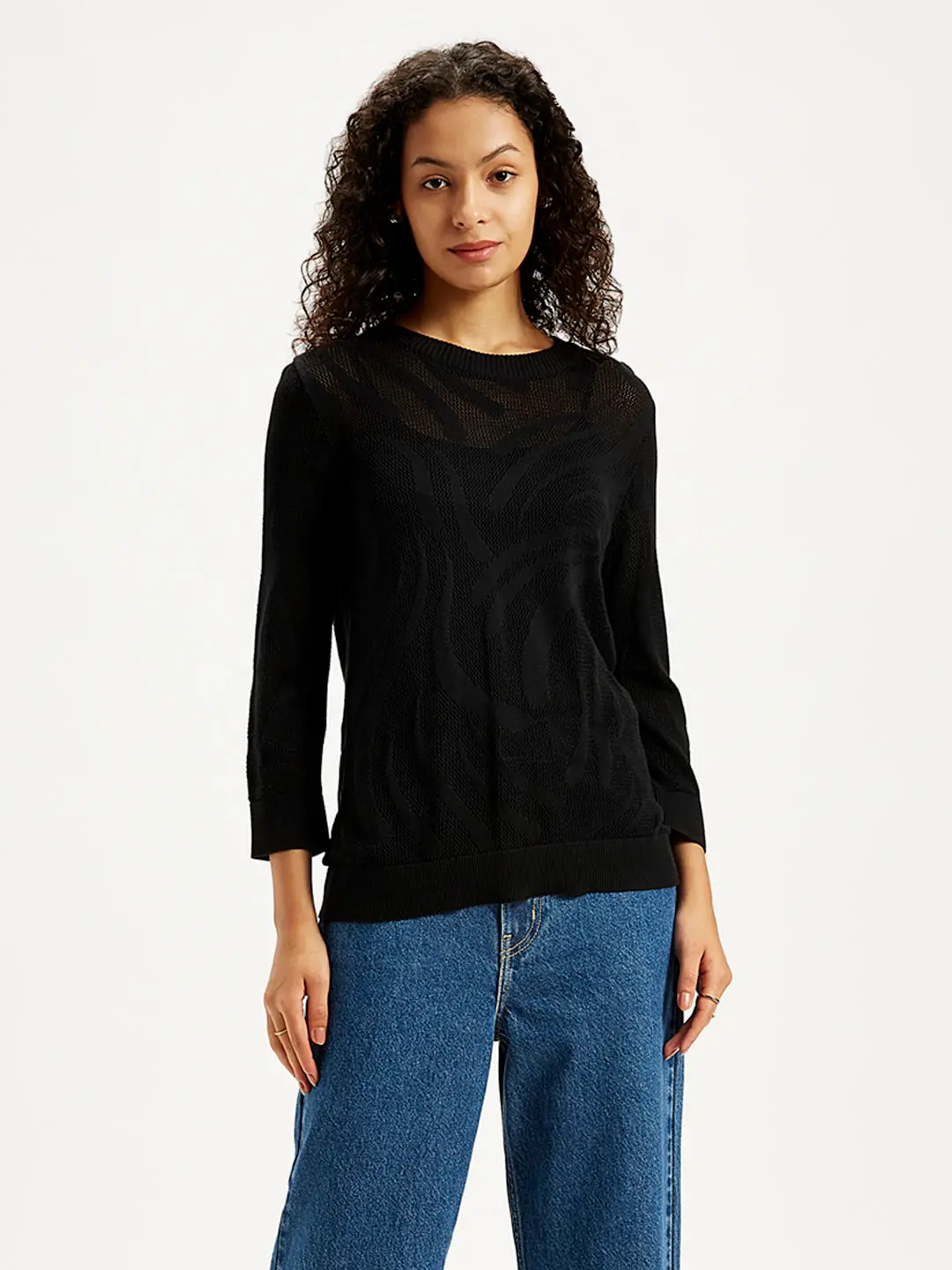 Women's Self Design Black Crew Neck Sweater 1