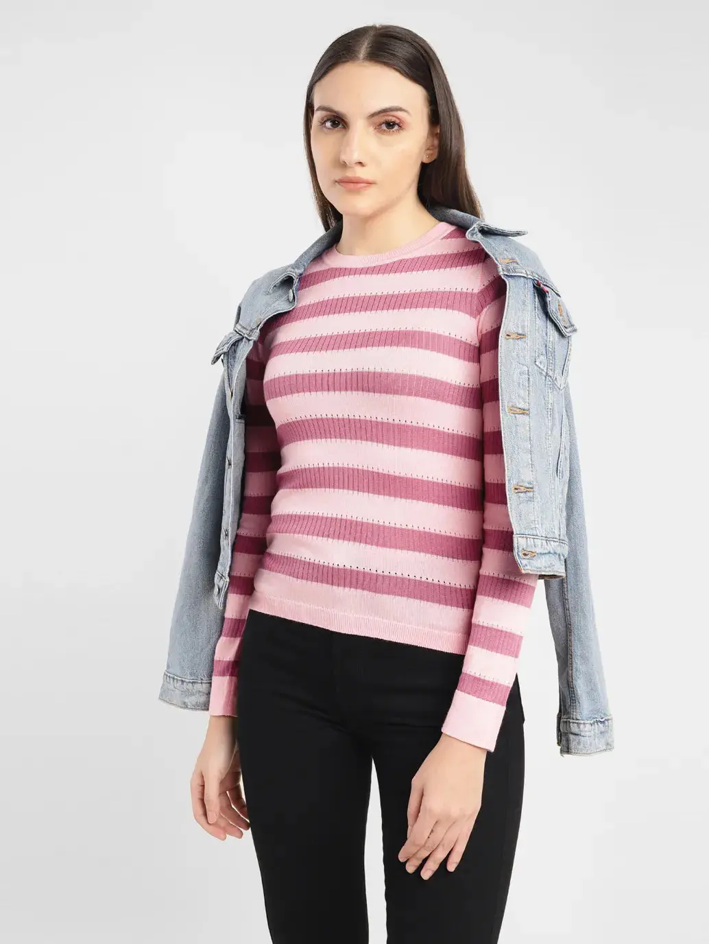 Women's Striped Pink Crew Neck Sweater 1