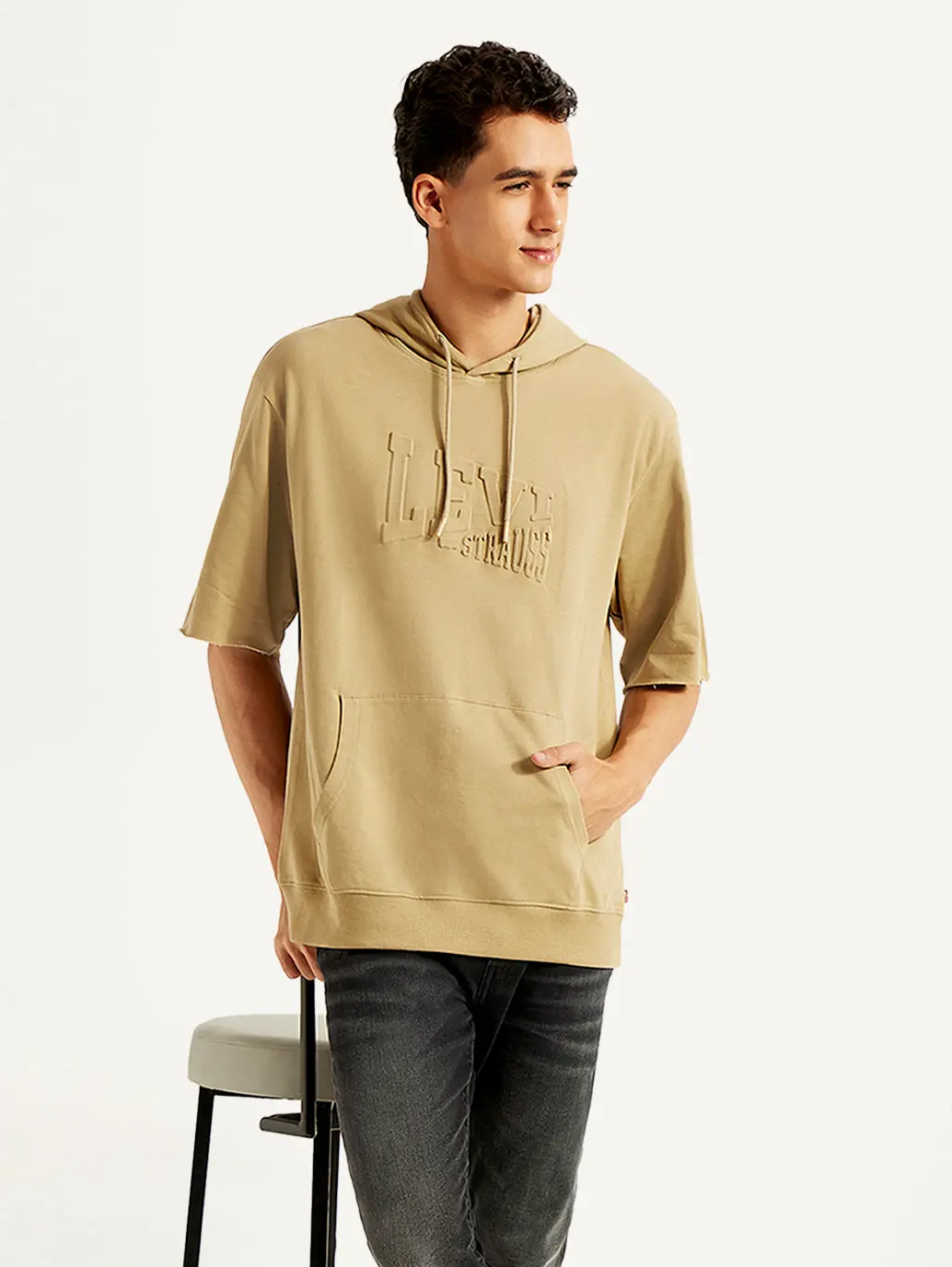 Men's Embossed Tan Hooded Sweatshirt 1