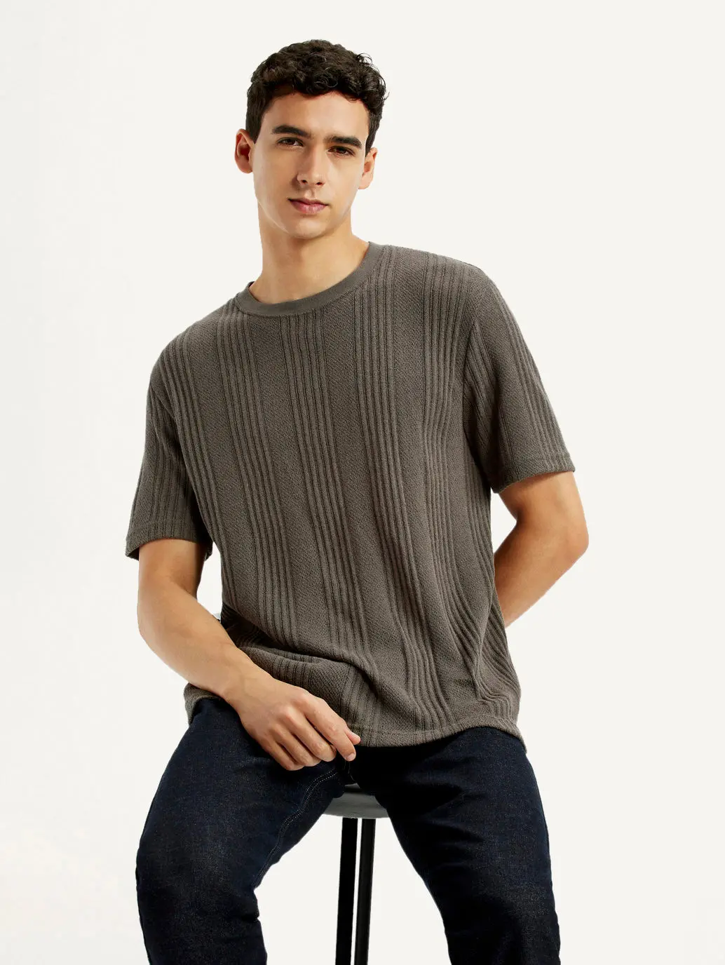 Men's Self Design Brown Crew Neck T-Shirt 1