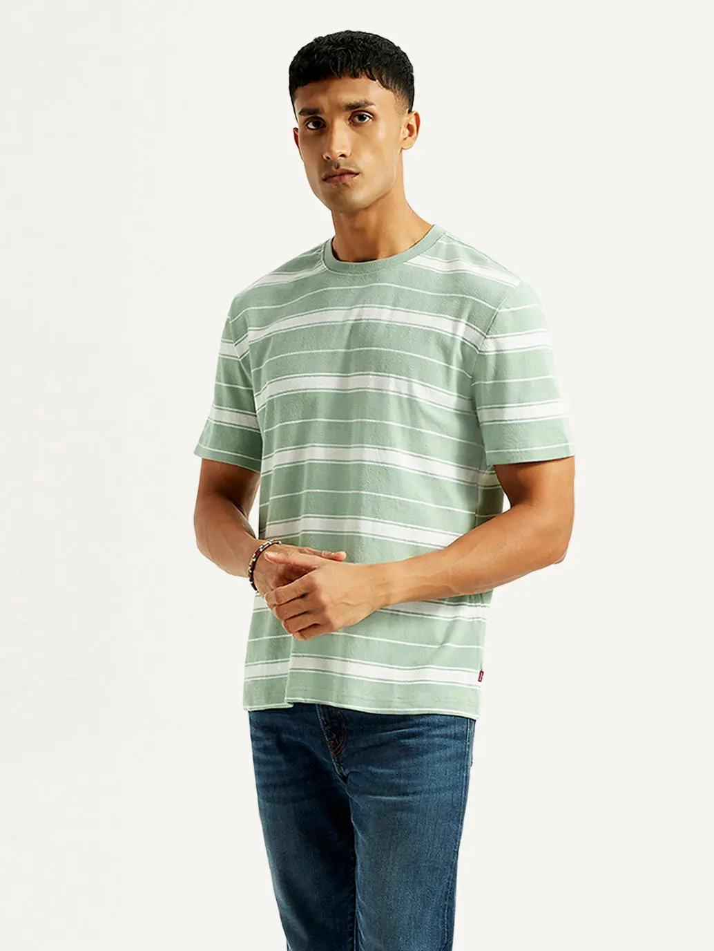Men's Striped Light Green Crew Neck T-Shirt 1