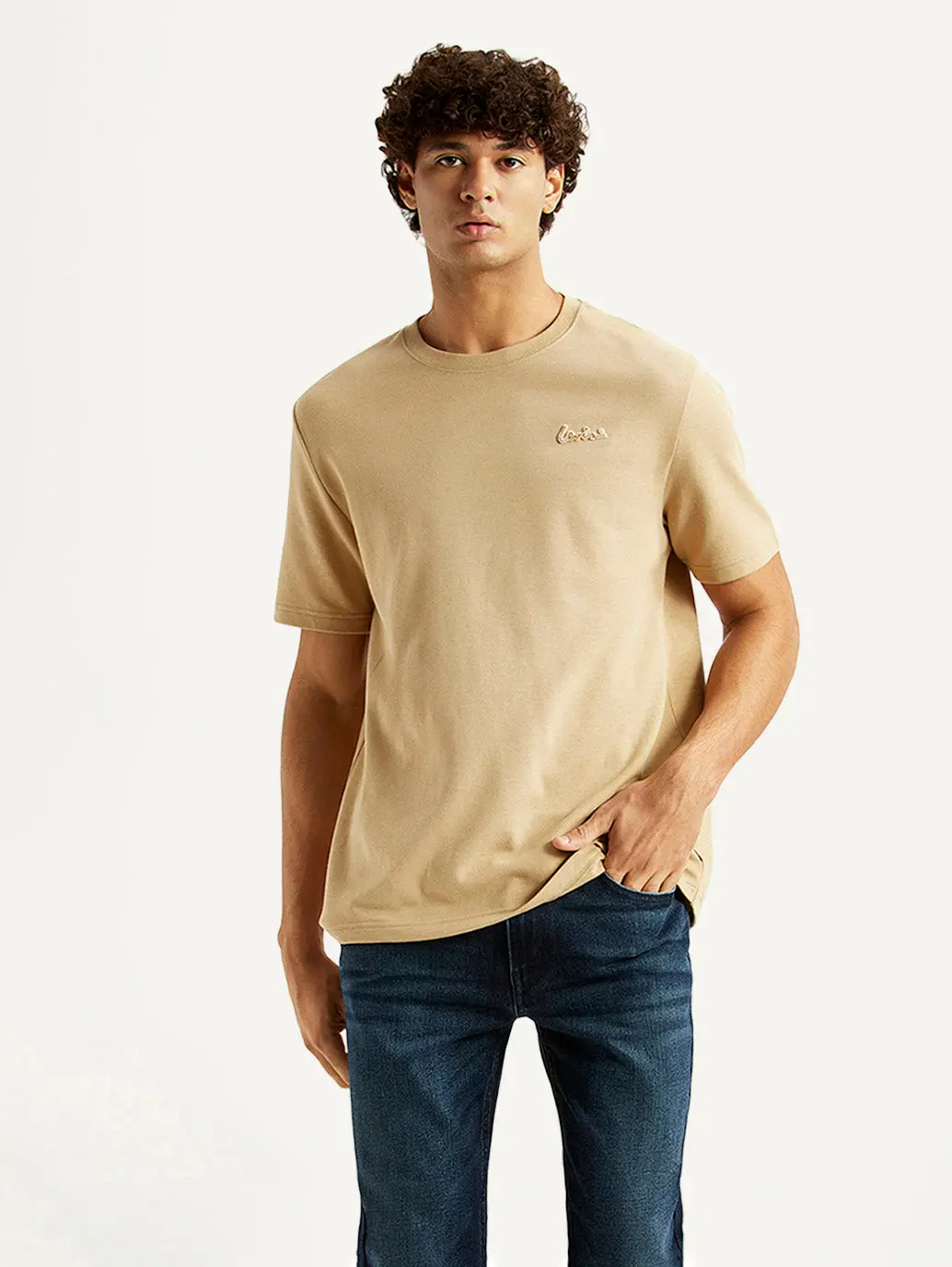 Men's Solid Beige Crew Neck T-Shirt 1
