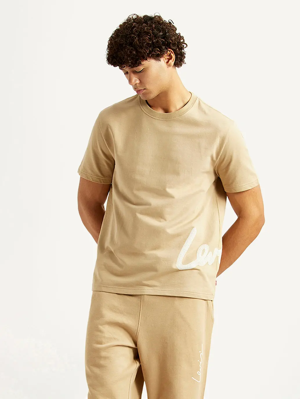Men's Graphic Print Beige Crew Neck T-Shirt 1