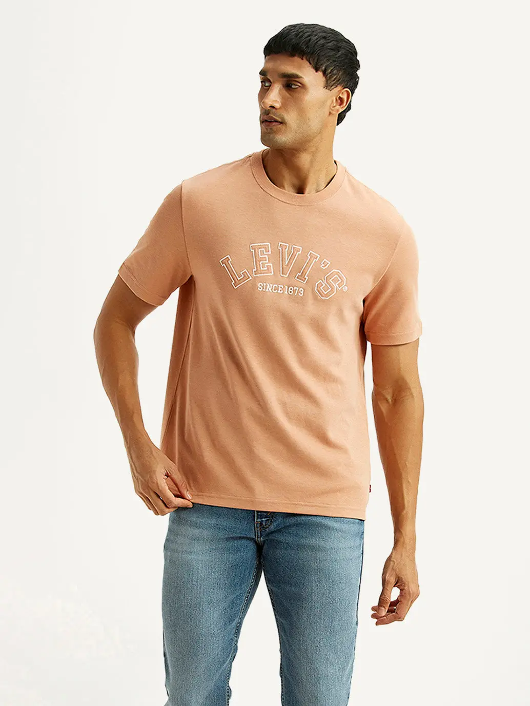 Men's Embroidered Peach Crew Neck T-Shirt 1