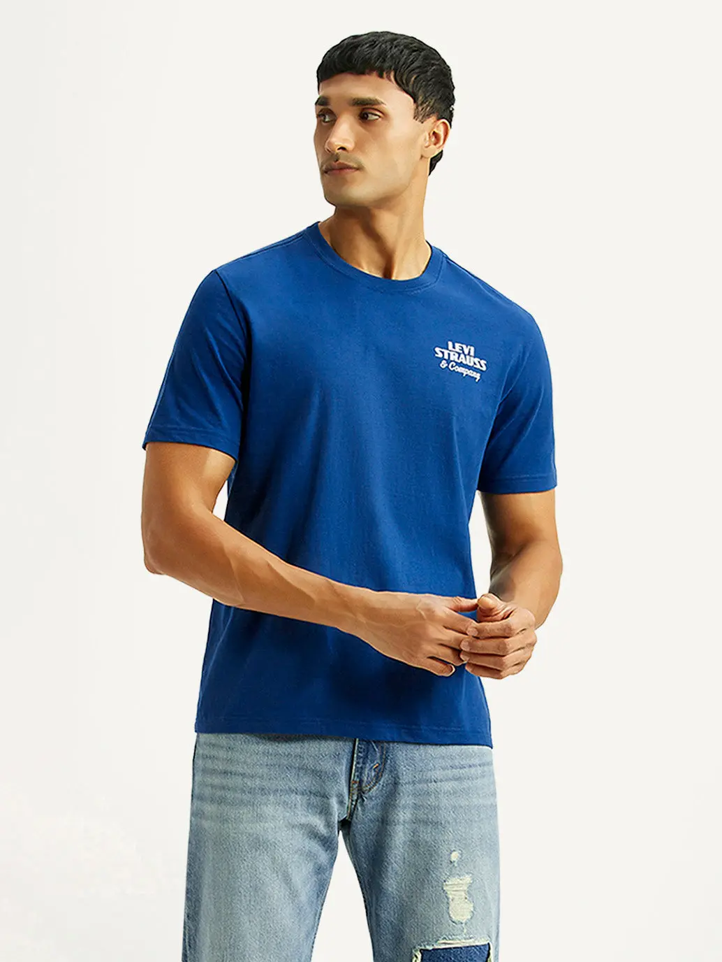 Men's Brand Logo Blue Crew Neck T-Shirt 1