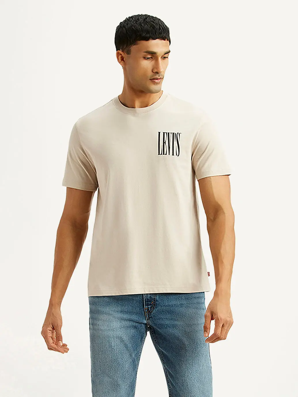 Men's Brand Logo Beige Crew Neck T-Shirt 1