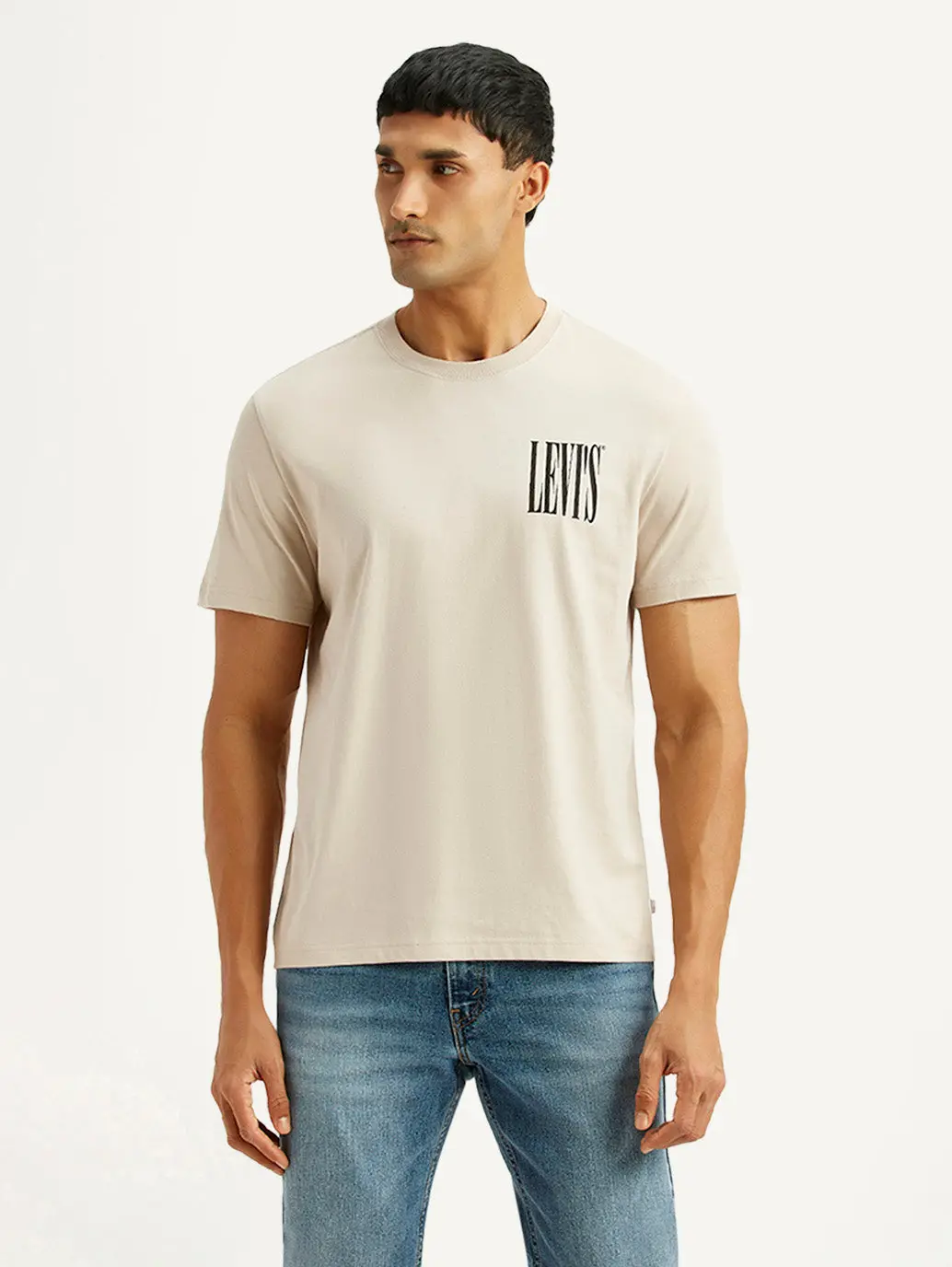 Men's Brand Logo Beige Crew Neck T-Shirt 4