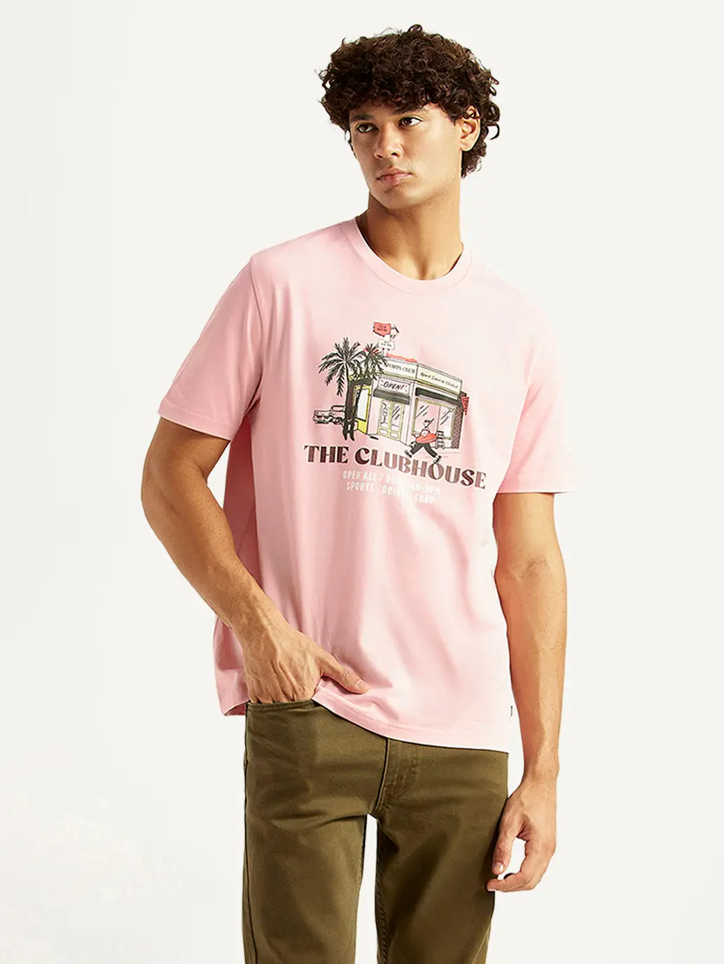 Men's Graphic Print Pink Crew Neck T-Shirt 1