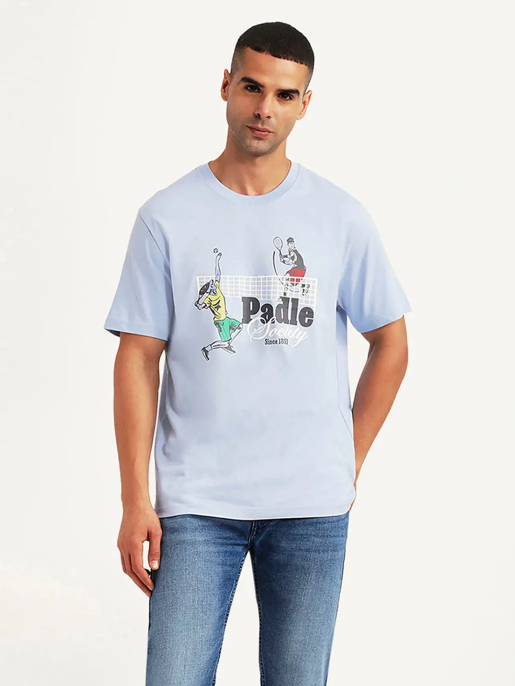 Men's Graphic Print Light Blue Crew Neck T-Shirt 1