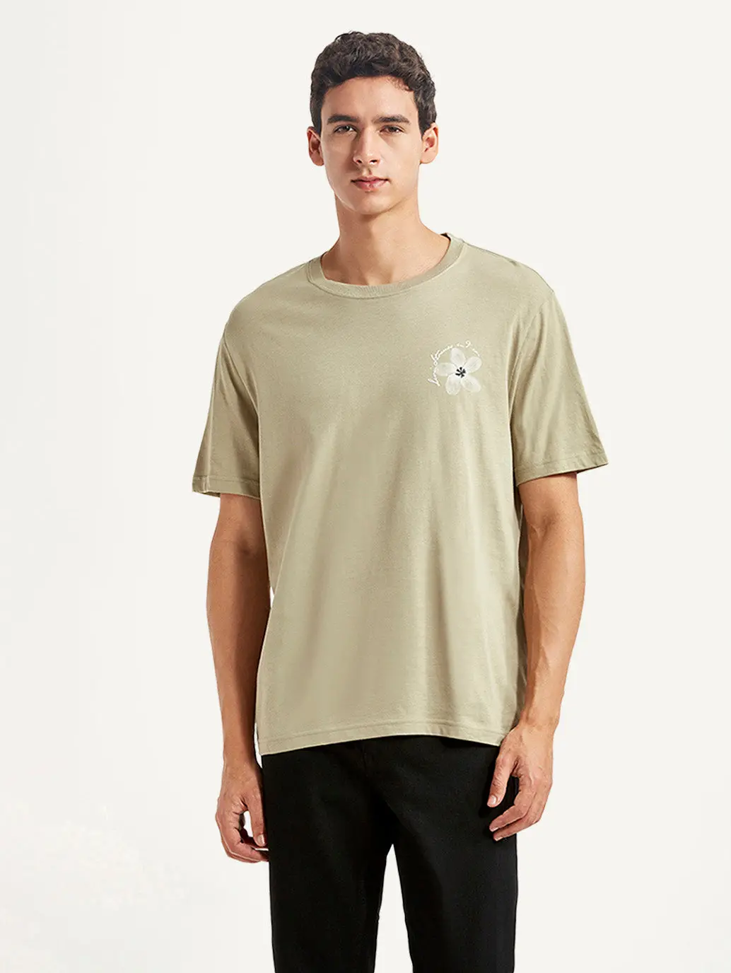 Men's Floral Beige Crew Neck T-Shirt 2