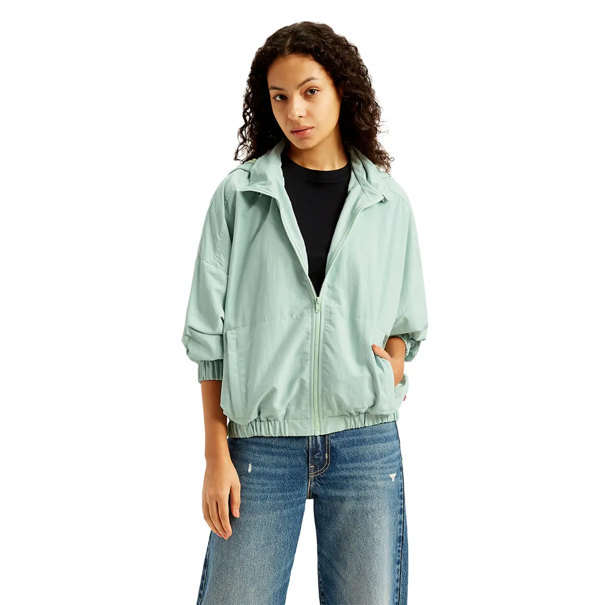 Women's Solid Light-Blue Hooded Windcheater Jacket 1