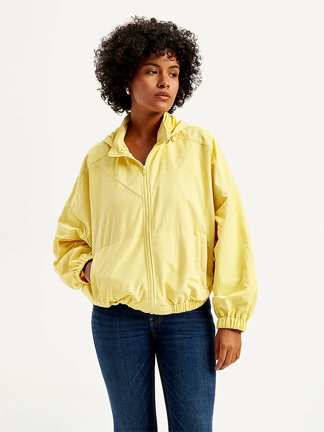 Women's Solid Yellow Hooded Windcheater Jacket 1