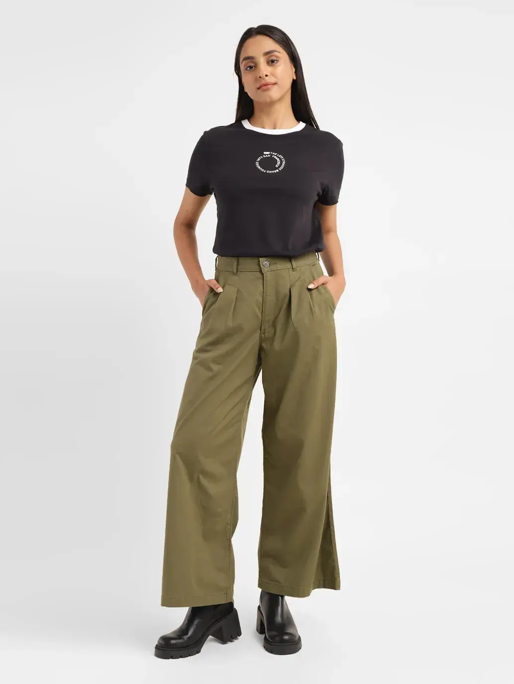Women's High Rise Olive Loose Fit Trousers 1