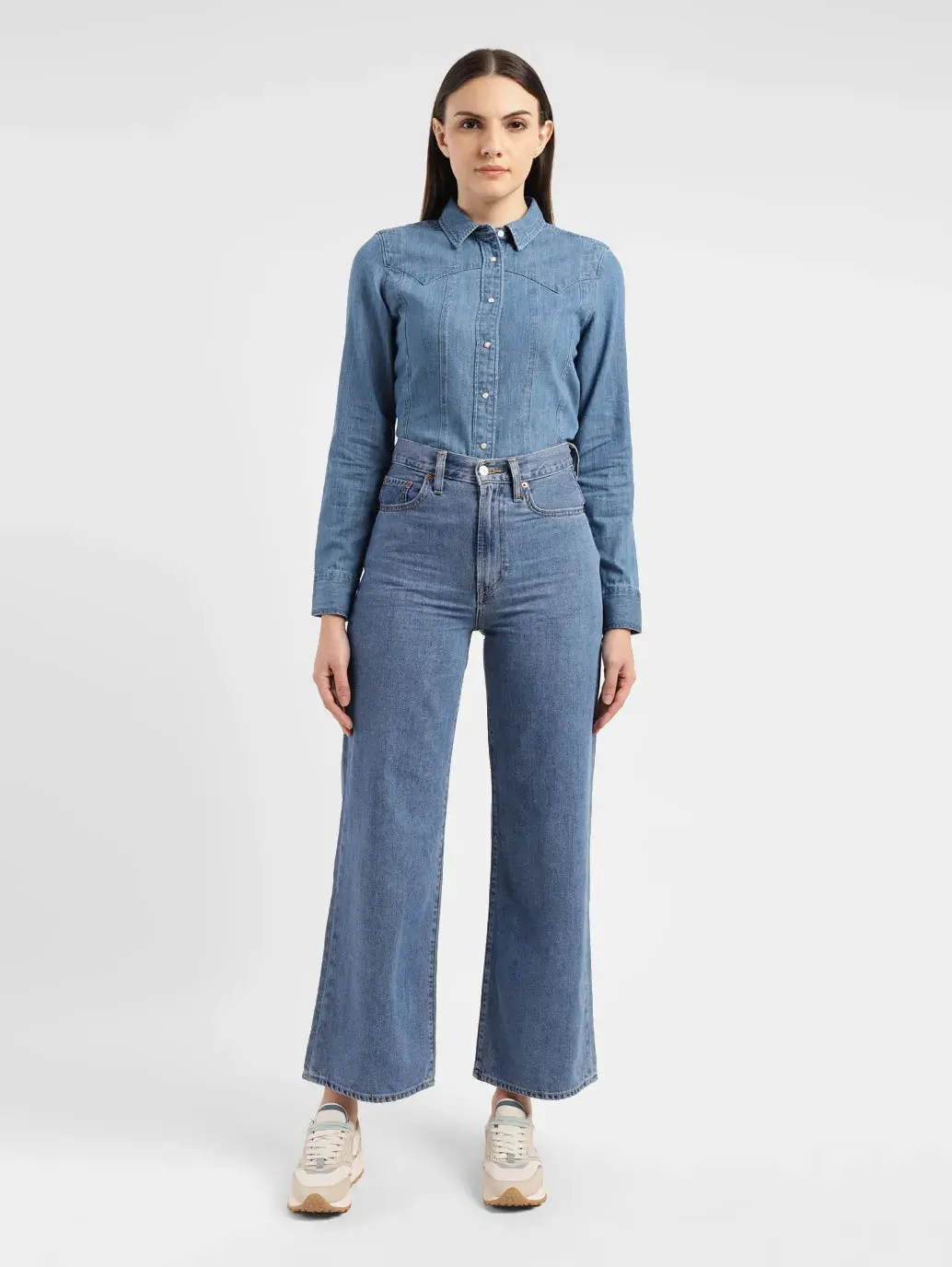 Women's Blue Ribcage Bell Bottom Wide Leg Fit High Rise Jeans 1