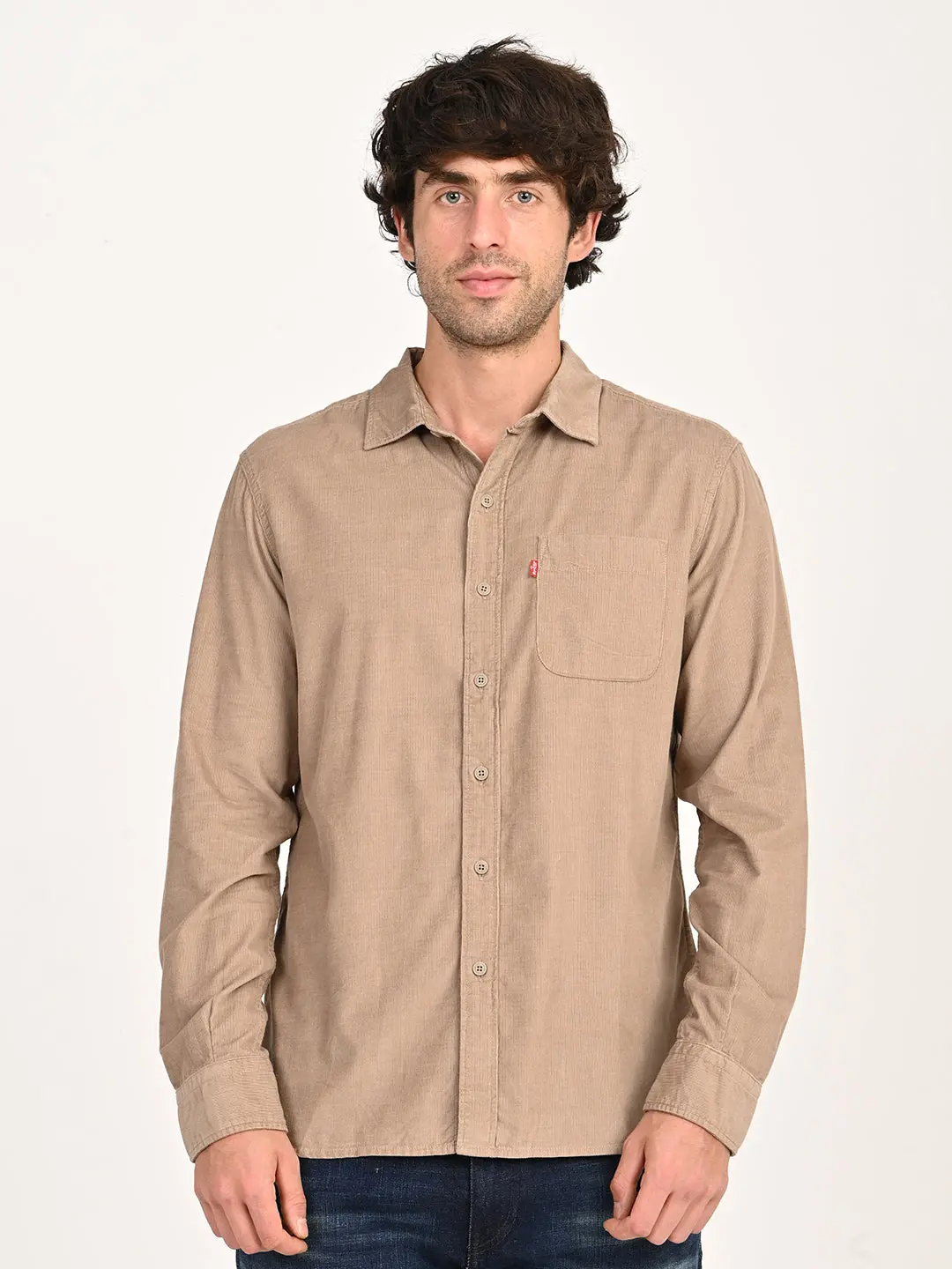 Men's Corduroy Solid Beige Slim Fit Shirt 1