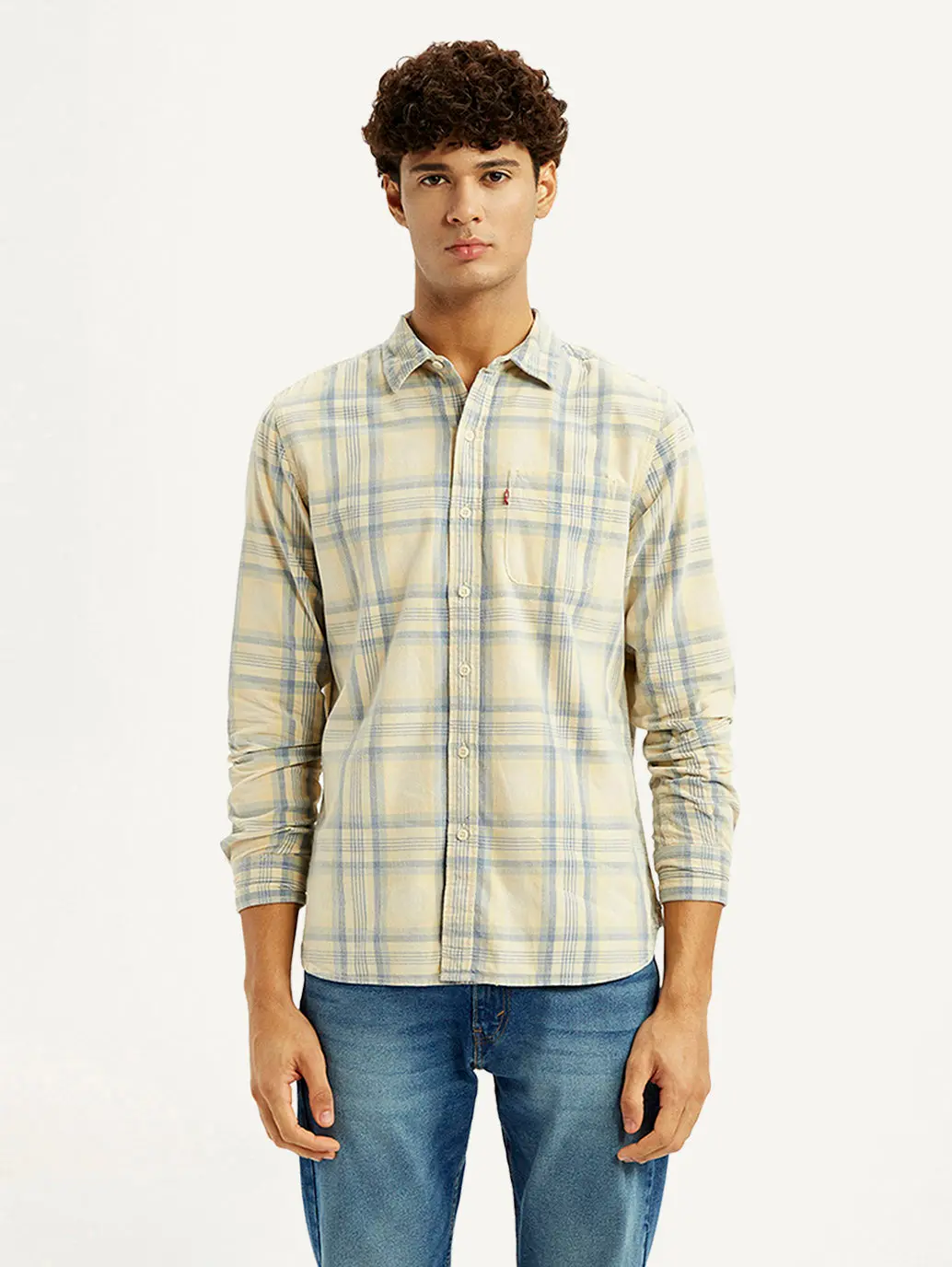 Men's Checkered Light Yellow Slim Fit Corduroy Shirt 1