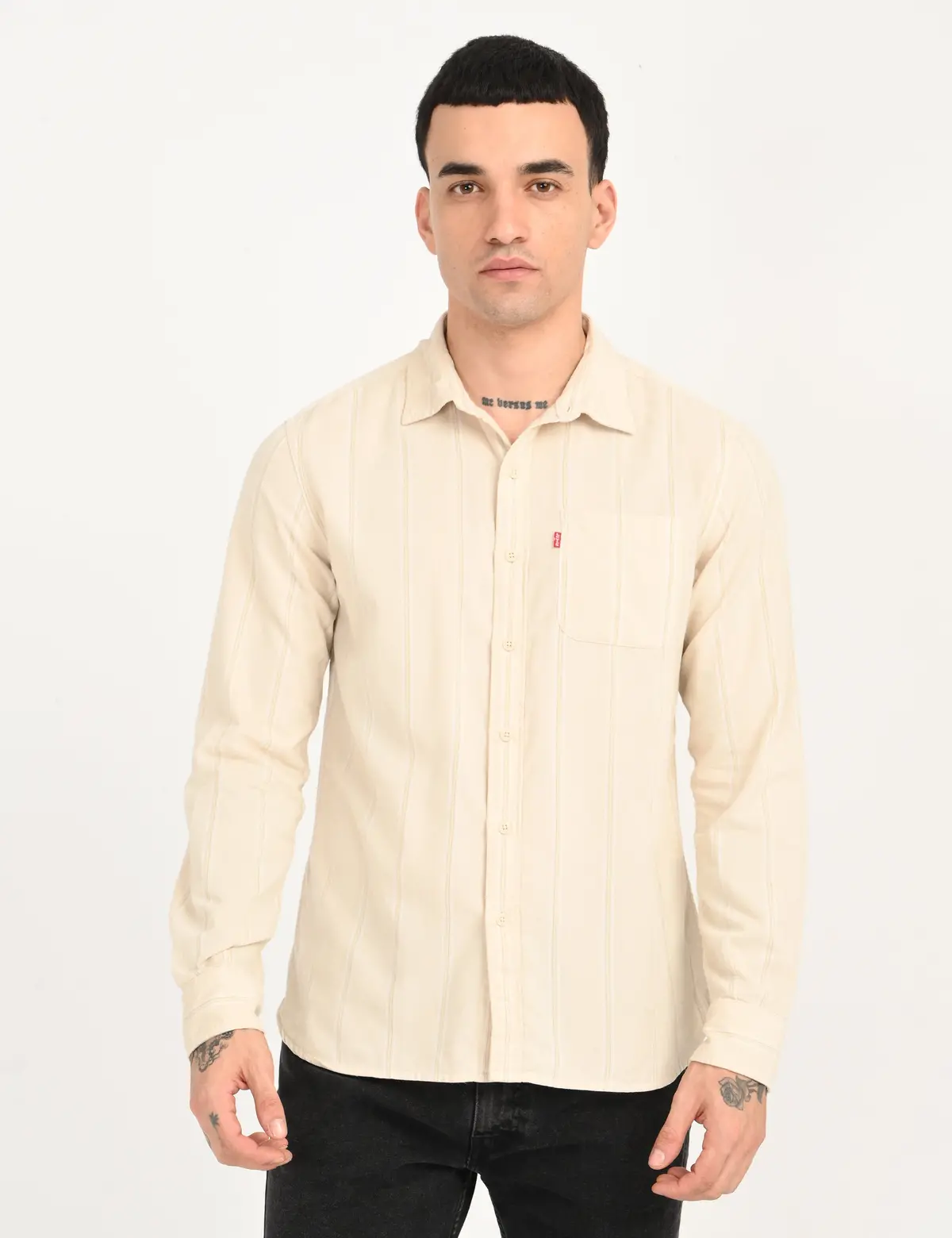 Men's Striped Cream Slim Fit Corduroy Shirt 1