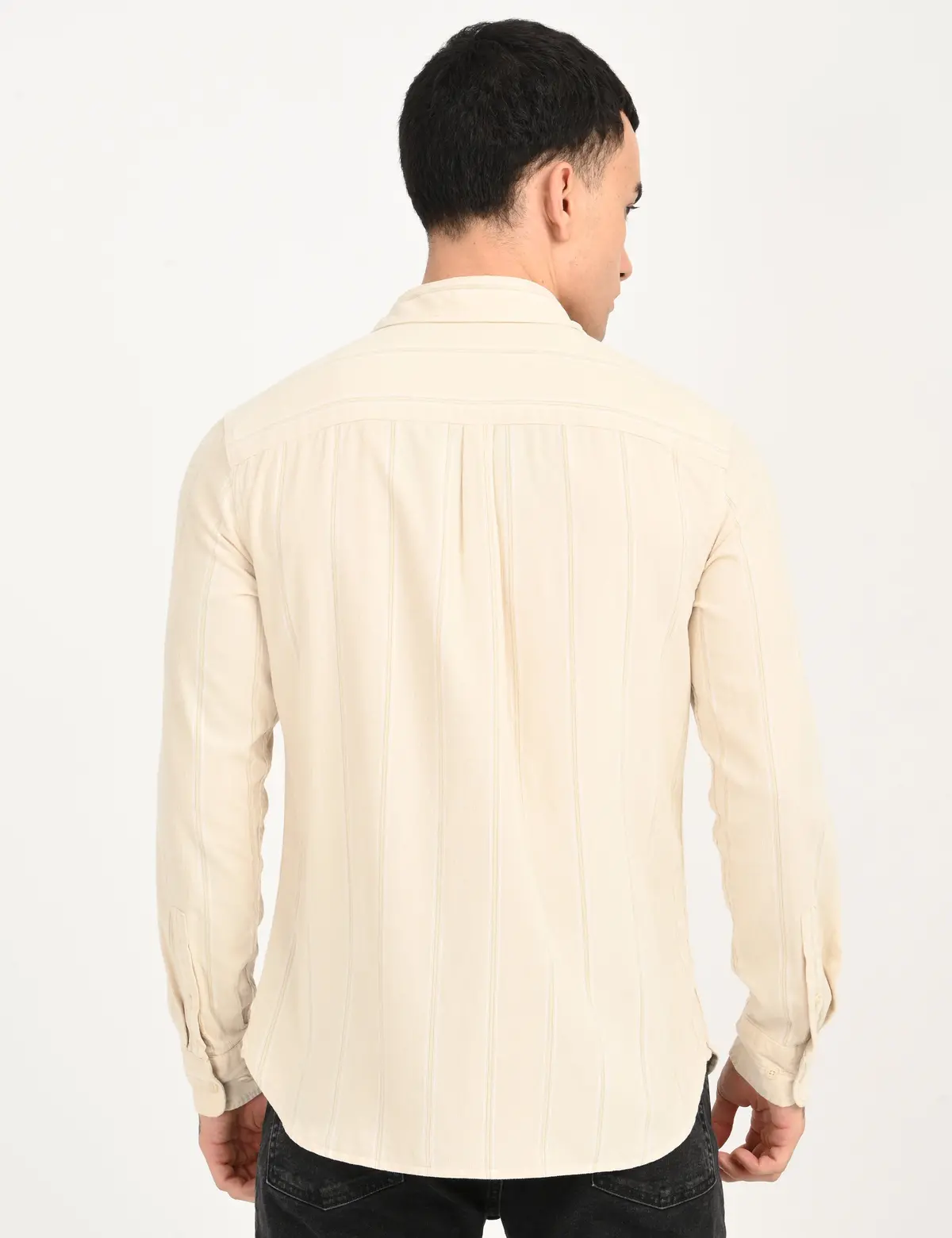 Men's Striped Cream Slim Fit Corduroy Shirt 5