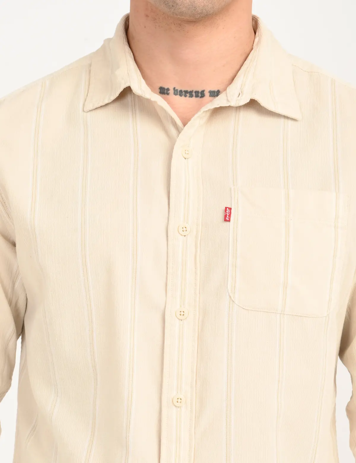 Men's Striped Cream Slim Fit Corduroy Shirt 2