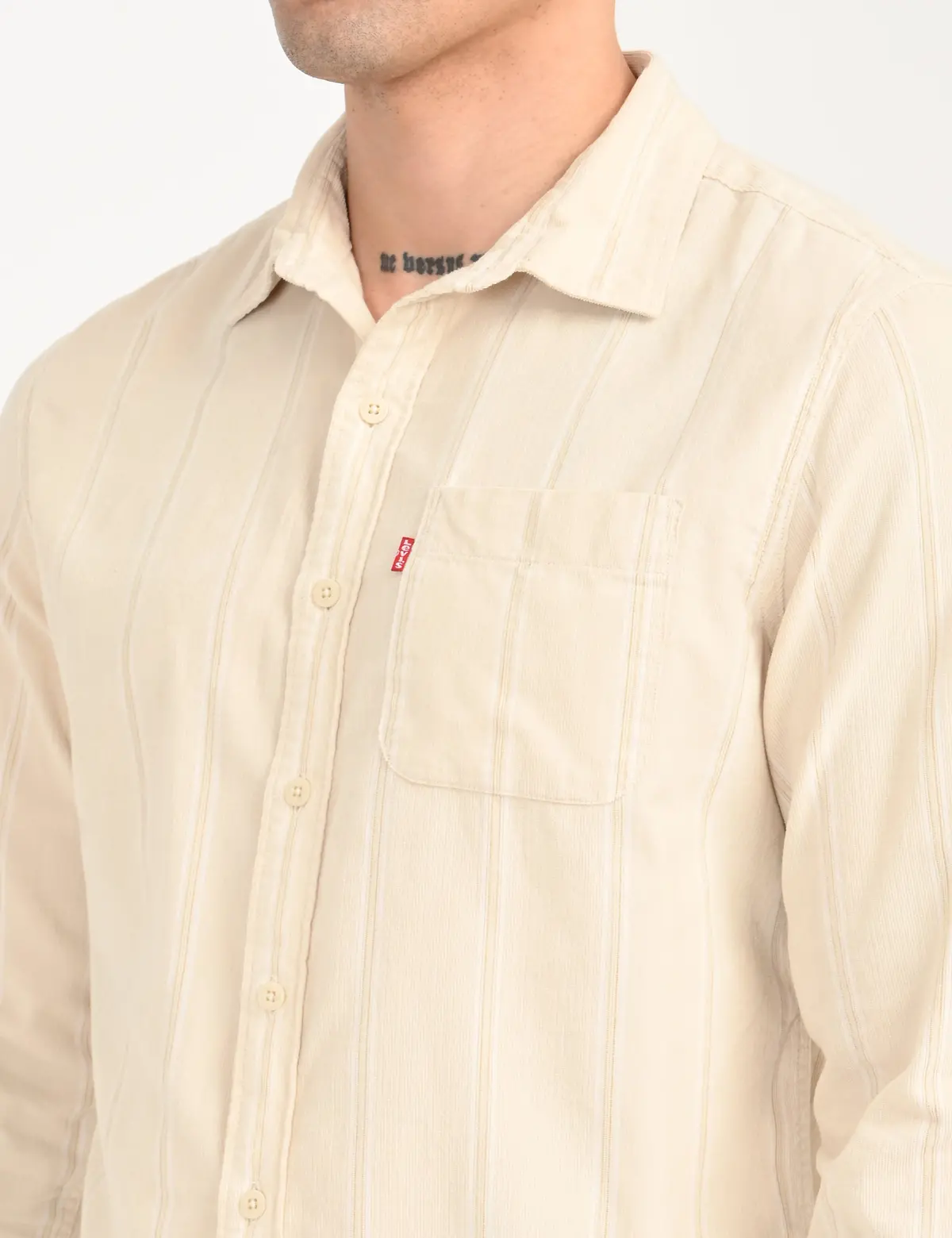 Men's Striped Cream Slim Fit Corduroy Shirt 4