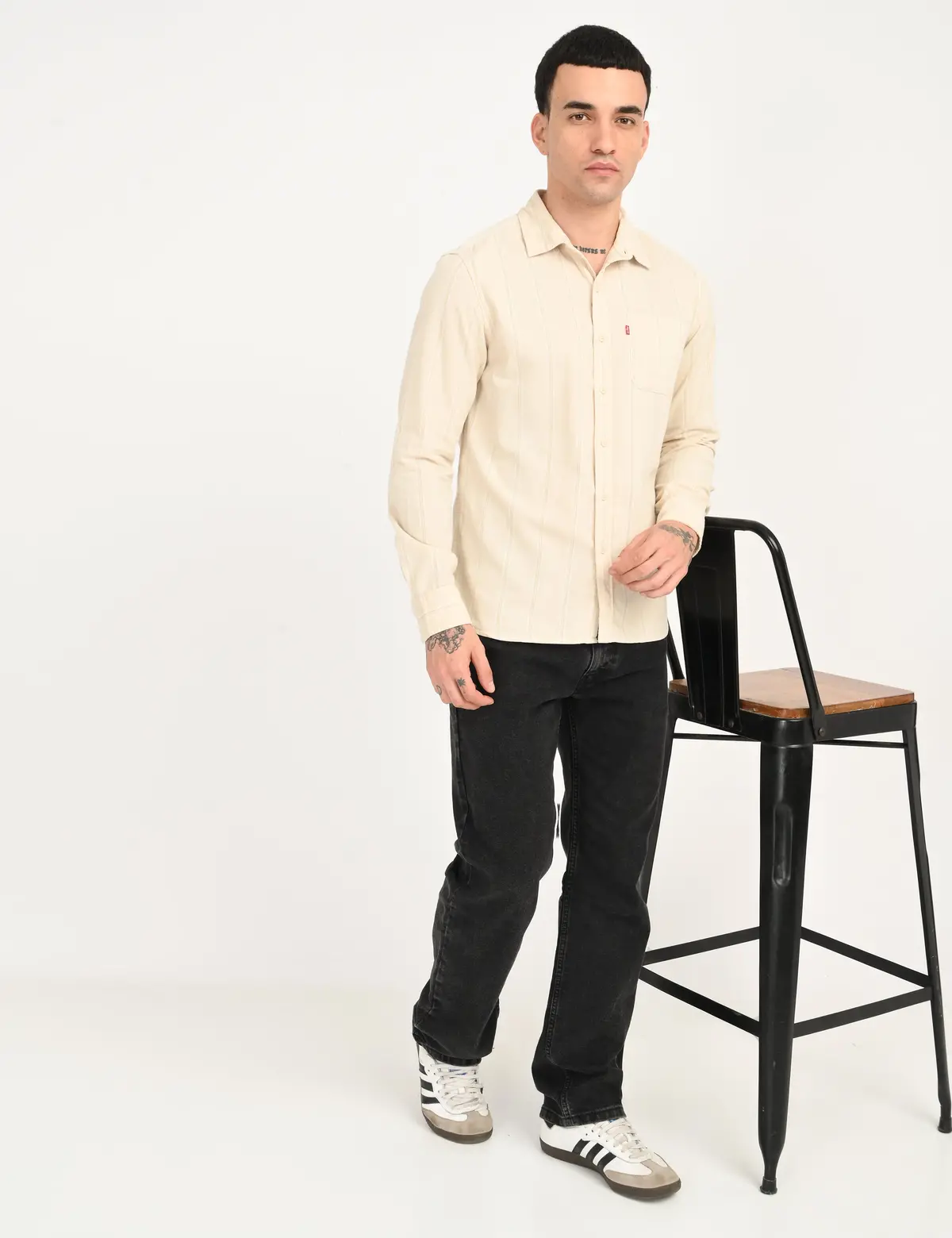 Men's Striped Cream Slim Fit Corduroy Shirt 3