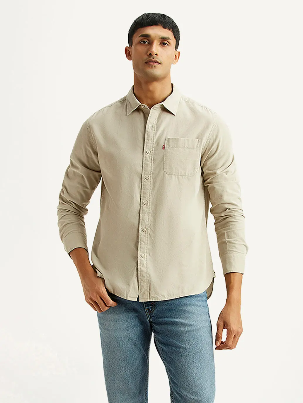 Men's Solid Beige Slim Fit Corduroy Shirt 1