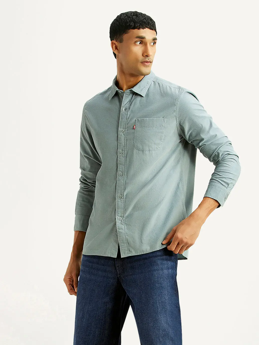 Men's Solid Light Blue Slim Fit Corduroy Shirt 5