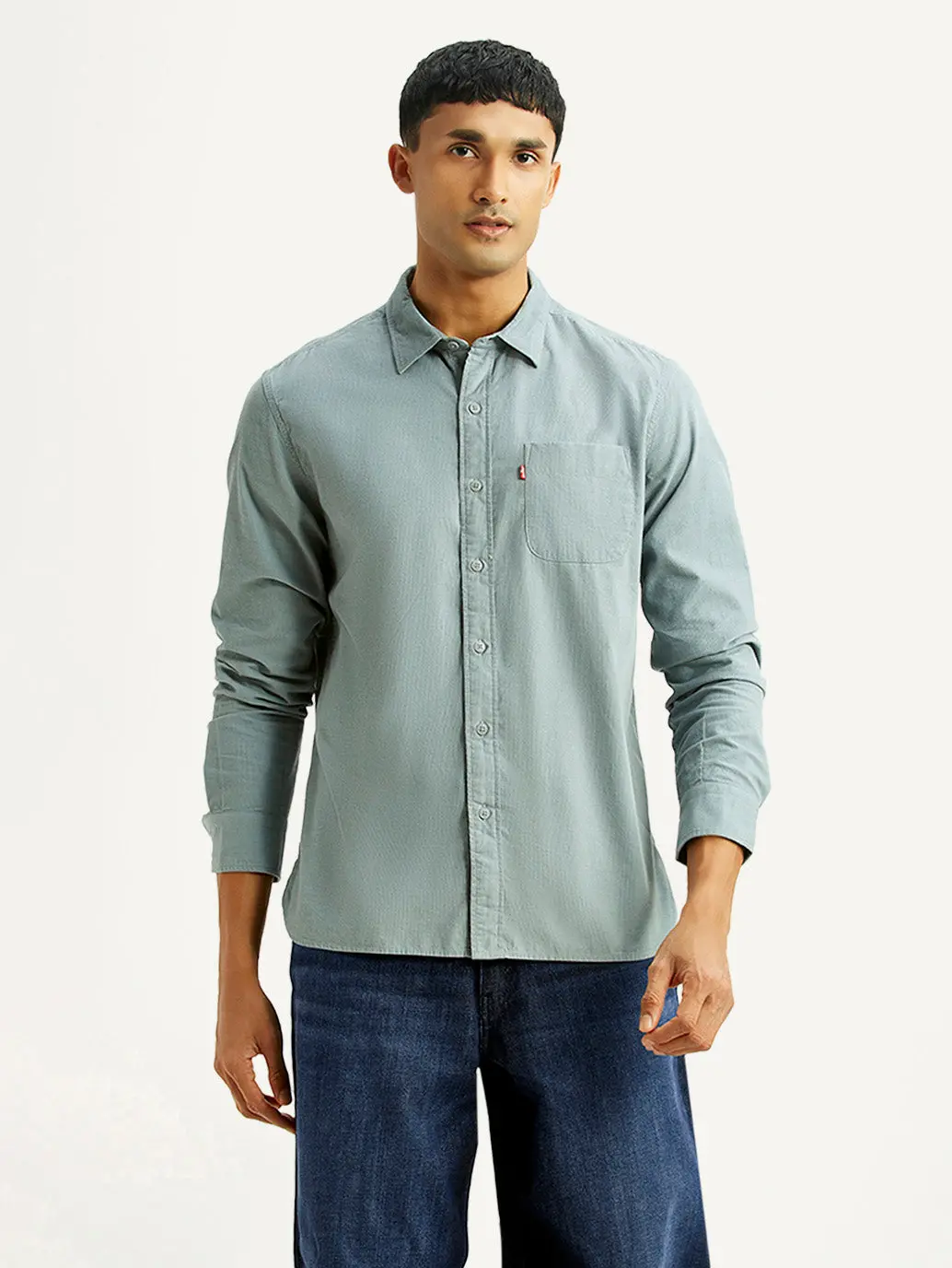 Men's Solid Light Blue Slim Fit Corduroy Shirt 1