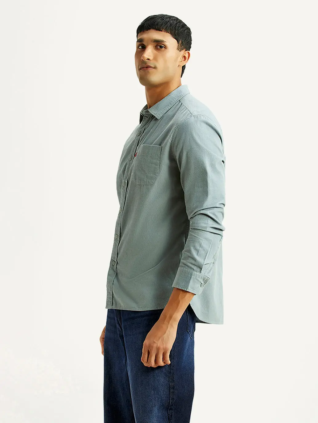 Men's Solid Light Blue Slim Fit Corduroy Shirt 4