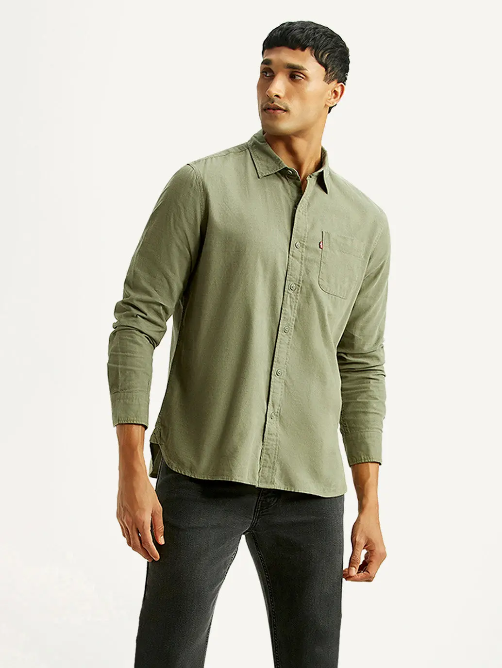 Men's Solid Olive Slim Fit Corduroy Shirt 1