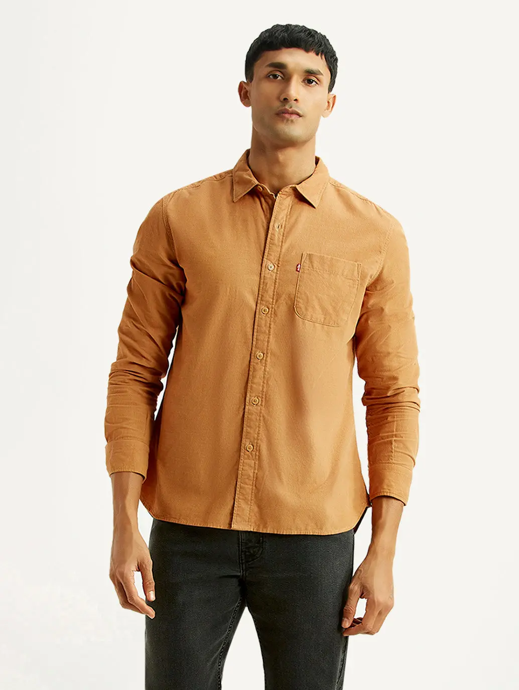Men's Solid Tan Slim Fit Corduroy Shirt 5