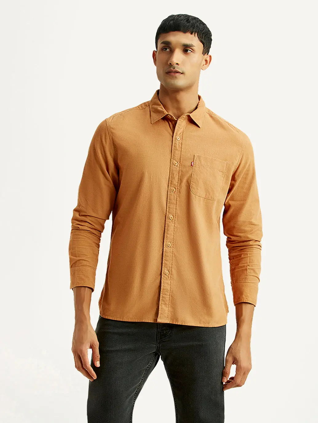 Men's Solid Tan Slim Fit Corduroy Shirt 1