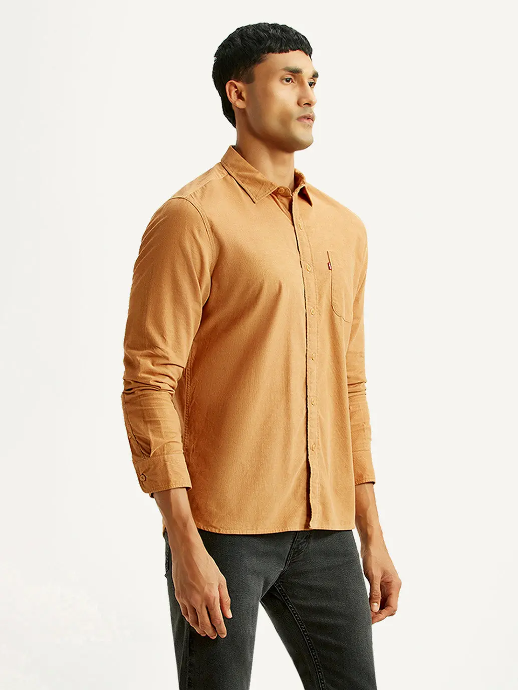 Men's Solid Tan Slim Fit Corduroy Shirt 4