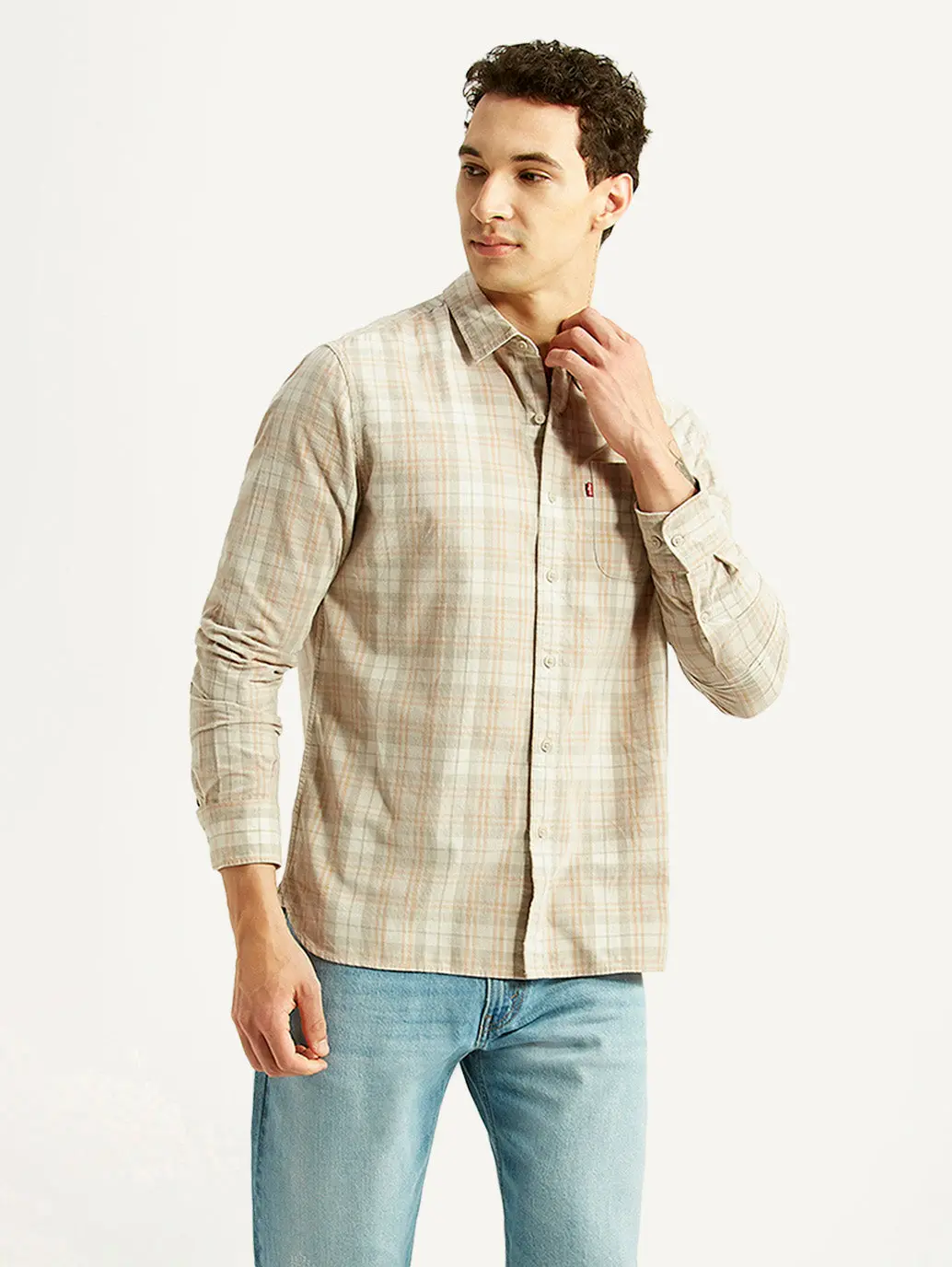 Men's Checkered Beige Slim Fit Corduroy Shirt 1
