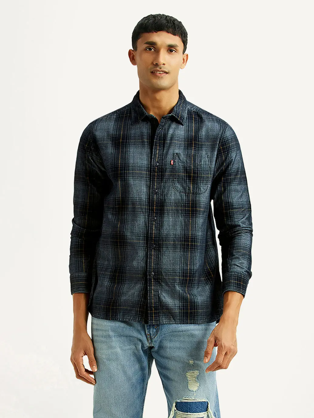Men's Checkered Blue Slim Fit Corduroy Shirt 1