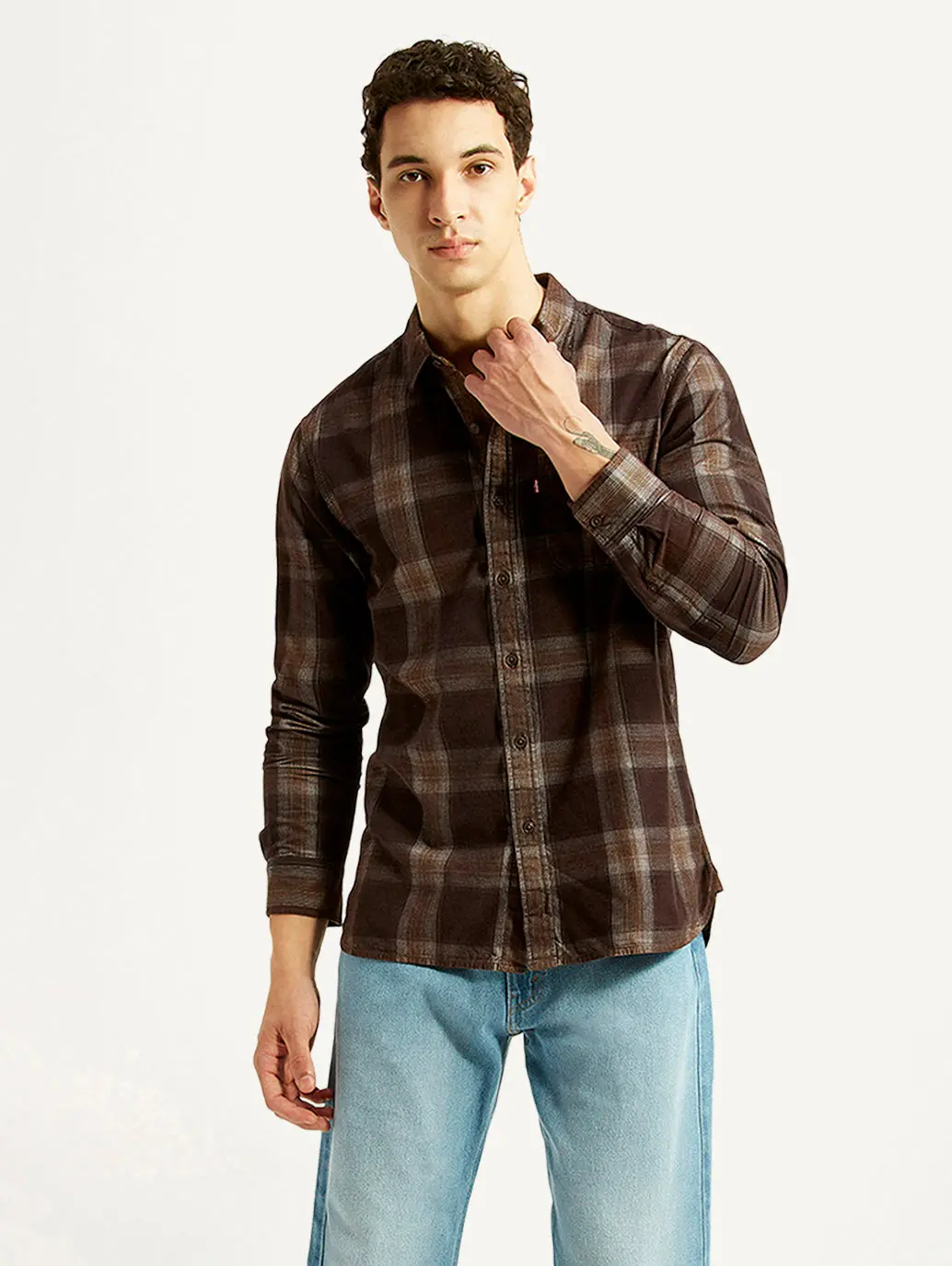 Men's Checkered Brown Slim Fit Corduroy Shirt 1