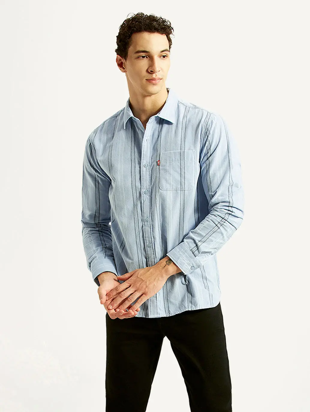 Men's Striped Light Blue Slim Fit Corduroy Shirt 1